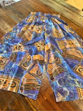 Women's Elastic-Waist Wide Leg Pants in Blue & Gold Print